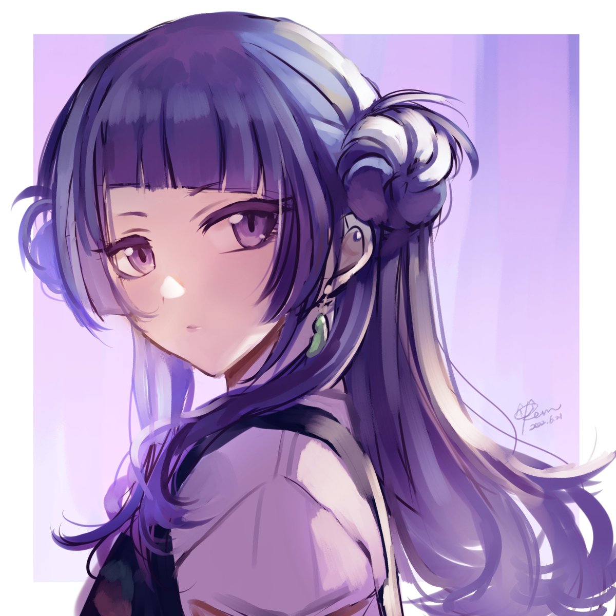 tanaka mamimi 1girl solo purple hair purple eyes earrings jewelry diagonal bangs  illustration images