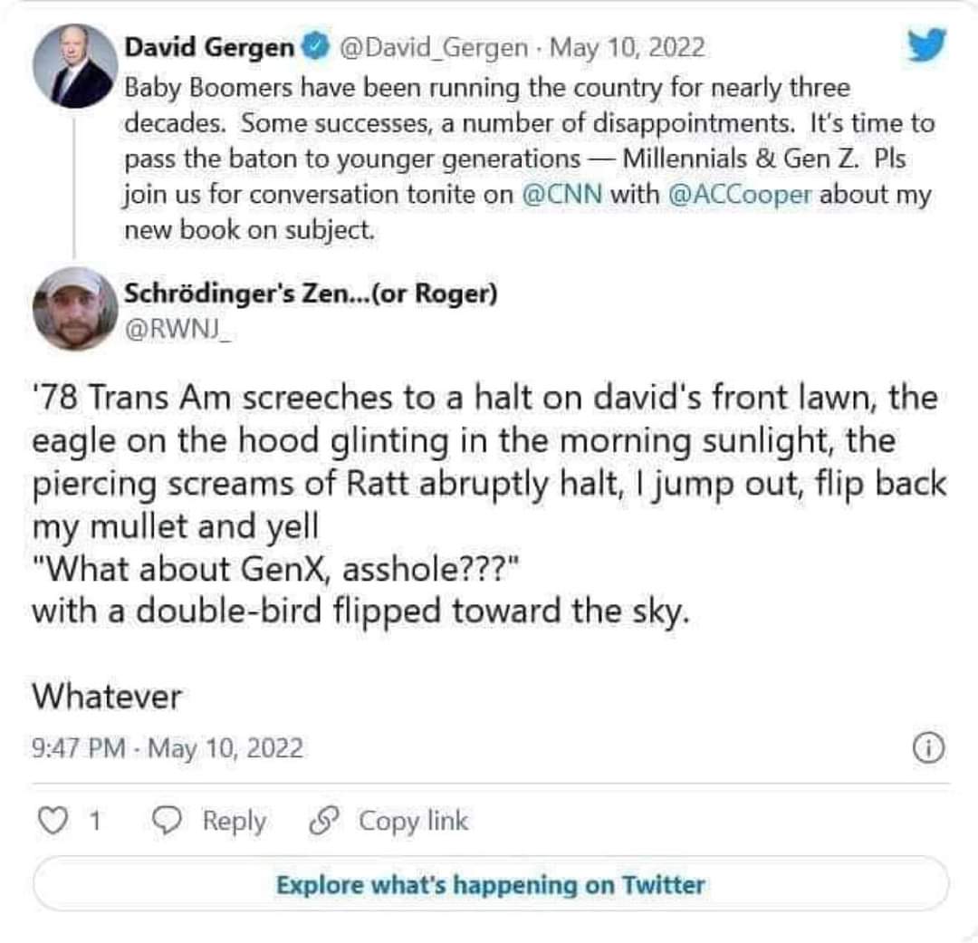 mzdevonic's tweet photo. Don't skip the Gen X, we are the first generation that Boomers screwed. Their own children, nieces, nephews, etc.  They owe it to us to be the first to succeed. https://t.co/JdJT25lIdm