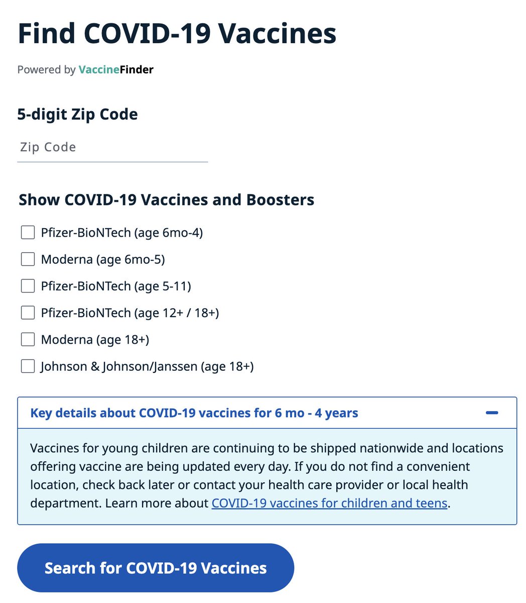 Excited to share that vaccines.gov is now live with sites offering vaccine for children under 5 years of age

Includes search options for Pfizer and Moderna

Location count is small as we wait for sites to report supply to <a href="/VaccineFinder/">Vaccines.Gov</a> and start offering appointments