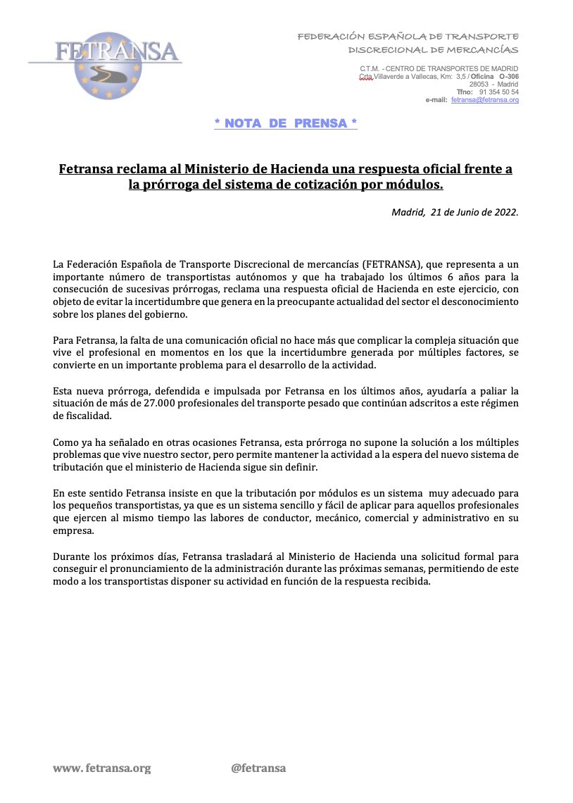 👉<a href="/fetransa/">Fetransa</a> reclama al <a href="/Haciendagob/">Ministerio de Hacienda</a> una respuesta oficial frente a la prórroga del sistema de #cotización por #módulos. <a href="/EFEnoticias/">EFE Noticias</a> <a href="/europapress/">Europa Press</a> @ElMundoEconomia <a href="/abc_es/">ABC.es</a> <a href="/larazon_es/">La Razón</a> <a href="/LaVanguardia/">La Vanguardia</a> <a href="/cadesum/">Cadena de Suministro</a> <a href="/rutatransporte/">Ruta del Transporte</a> <a href="/autonomosenruta/">Autónomos En Ruta</a> <a href="/diarioAyE/">Autónomos y Emprendedor.es</a>