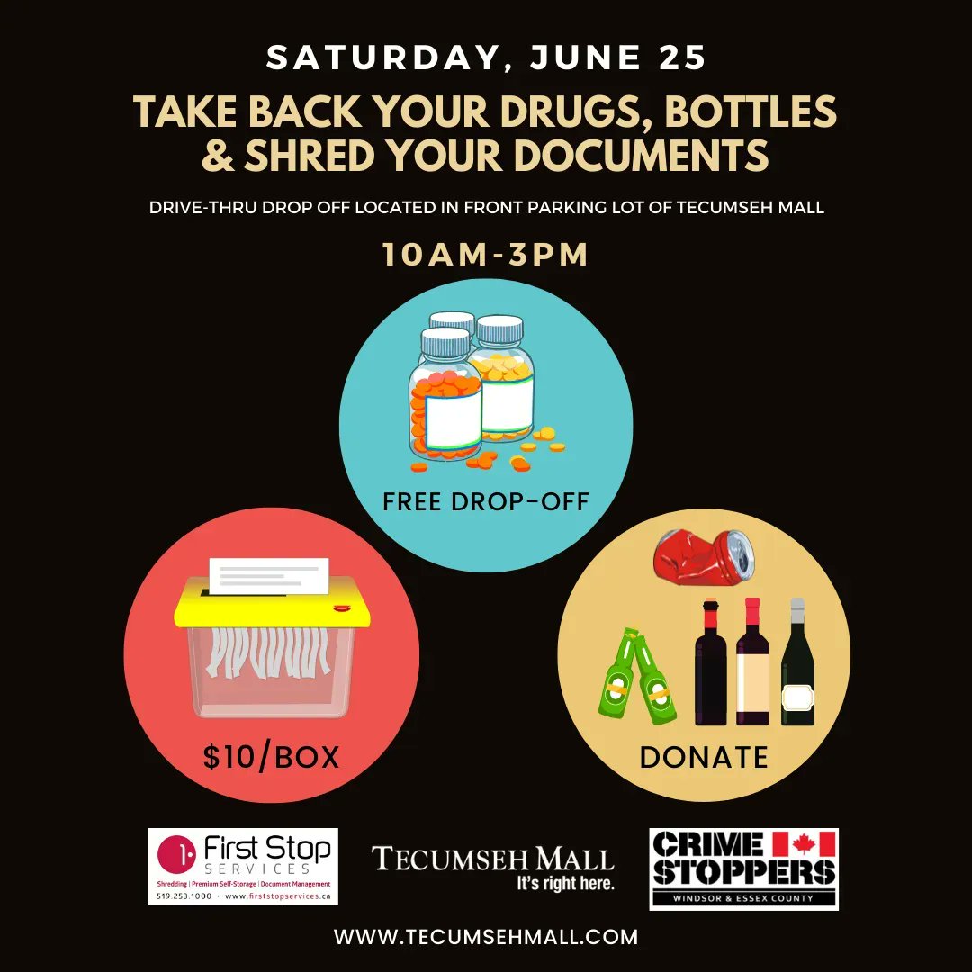 tecumsehmall's tweet photo. 🚨Drive-thru event🚨 at #tecumsehmall for @CStoppers &amp; #FirstStopServices, SAT, JUN 25, 10-3PM, for #FREE Drop-off of unwanted #medications, FREE Drop-off &amp; COLLECTION OF CANS/BOTTLES. +#SHREDDING YOUR #DOCUMENTS for $10/Box, w/ proceeds to help support #CrimeStoppers prog ♻️💚 https://t.co/G4iAWd3ghg