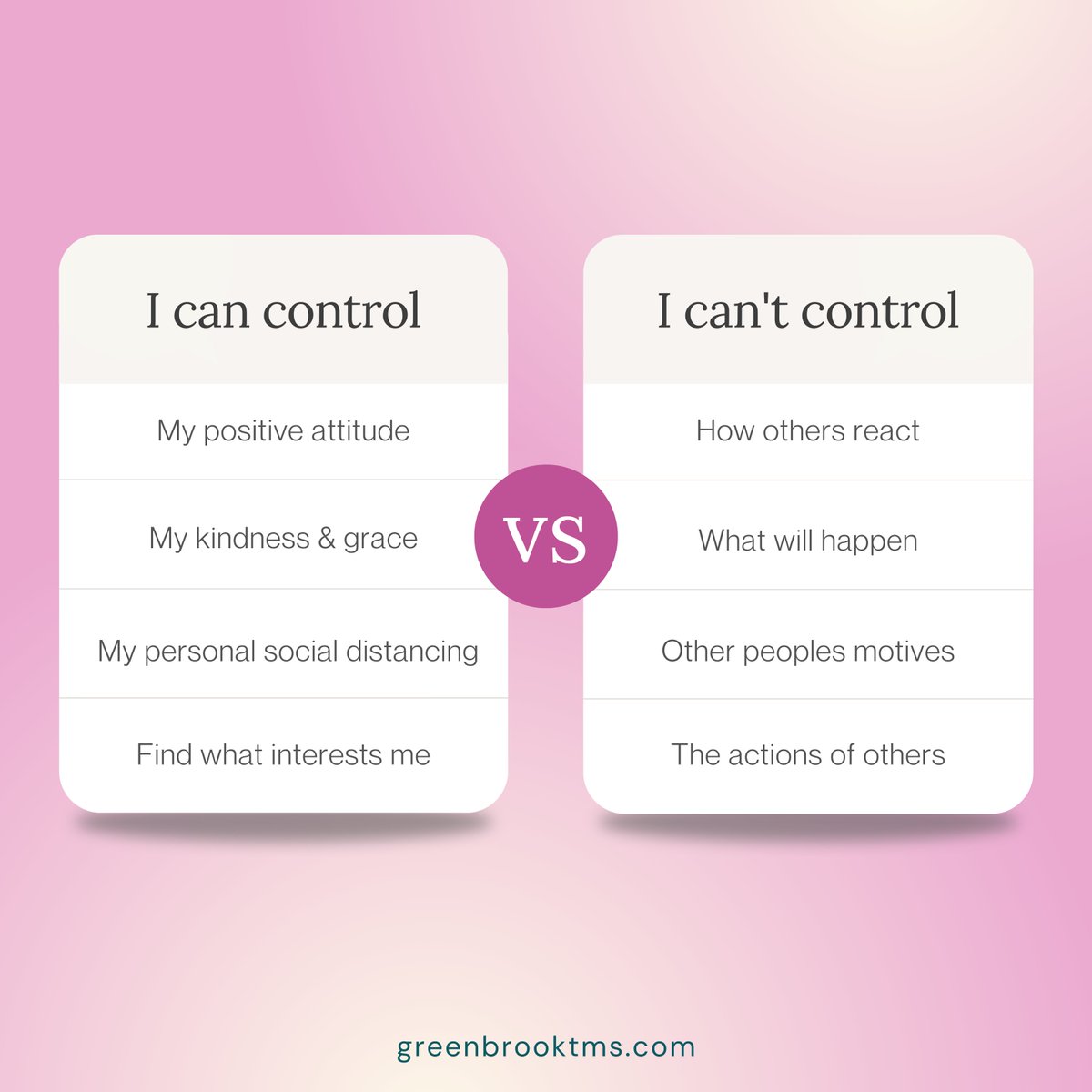 GreenbrookTMS's tweet image. It&apos;s nice to think about the things we ARE in control of. You have control of the most important thing... yourself!

#mentalhealth #meantalhealthmatters #cancontrol #cantcontrol #affirmations #positivethoughts #dailyaffirmations