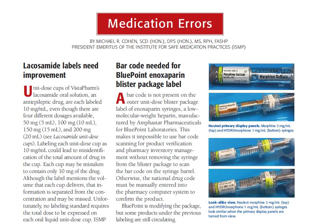 NursingJournal_'s tweet image. Check out these #MedicationError updates this month: 

Lacosamide labels need improvement
Bar code needed for BluePoint enoxaparin blister package label
Look-alike NexJect syringes

More here: ow.ly/nYiR50JxylZ