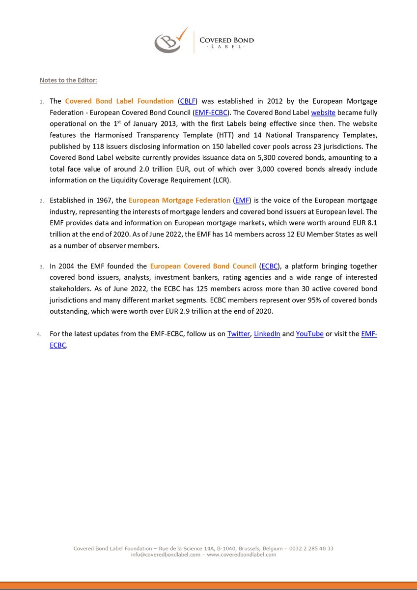 In view of the forthcoming full application of the Covered Bond Directive on the 8 July 2022, the Covered Bond Label Foundation (CBLF) is pleased to present a newly updated Covered Bond Label Website.

🔗 bit.ly/CBLabel