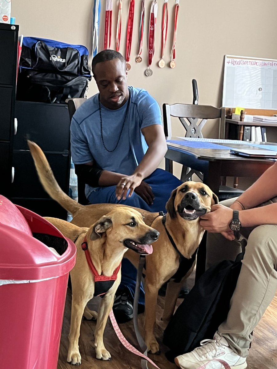 Is there anything puppy cuddles can't fix?

[Here, Iman is pictured petting two dogs while seated at a table. He's smiling. :)]

#nonprofit #frederickmd #frederickmaryland #disability #downsyndrome #autism #intellectualdisability #developmentaldisability #advocacy