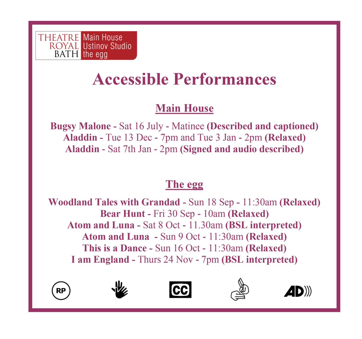 We are pleased to share our accessible performances coming up at Theatre Royal Bath.

For more information please visit our website or call our Box Office: 01225 448844

#Access
