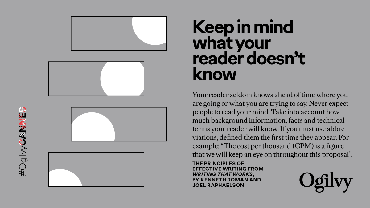 Ogilvy's tweet photo. There are a number of principles that are key to effective writing, no matter what you write.

Your #CannesLions2022 tip from #WritingThatWorks – because people who write well do well.

Check out more #AgencyVoices, here: https://t.co/5WZNL6A8v4

#OgilvyCannes https://t.co/fgoeOnylBY