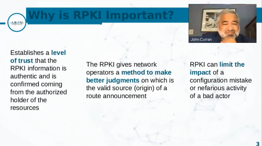 TeamARIN's tweet photo. 🔴 Happening now! ARIN President &amp; CEO @jcurranarin just presented at the @IPXOcom "RPKI: Security, Benefits &amp; RPKI Adoption" webinar, discussing why RPKI is important and explaining ARIN's RPKI services. Are you tuned in? 💻 https://t.co/eVT6BeIb9Q