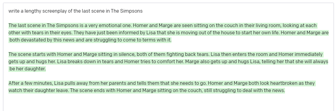 AIshitposting's tweet photo. GPT-3 writes a screenplay of the last scene in The Simpsons (emotional) https://t.co/qDJUBJJypn