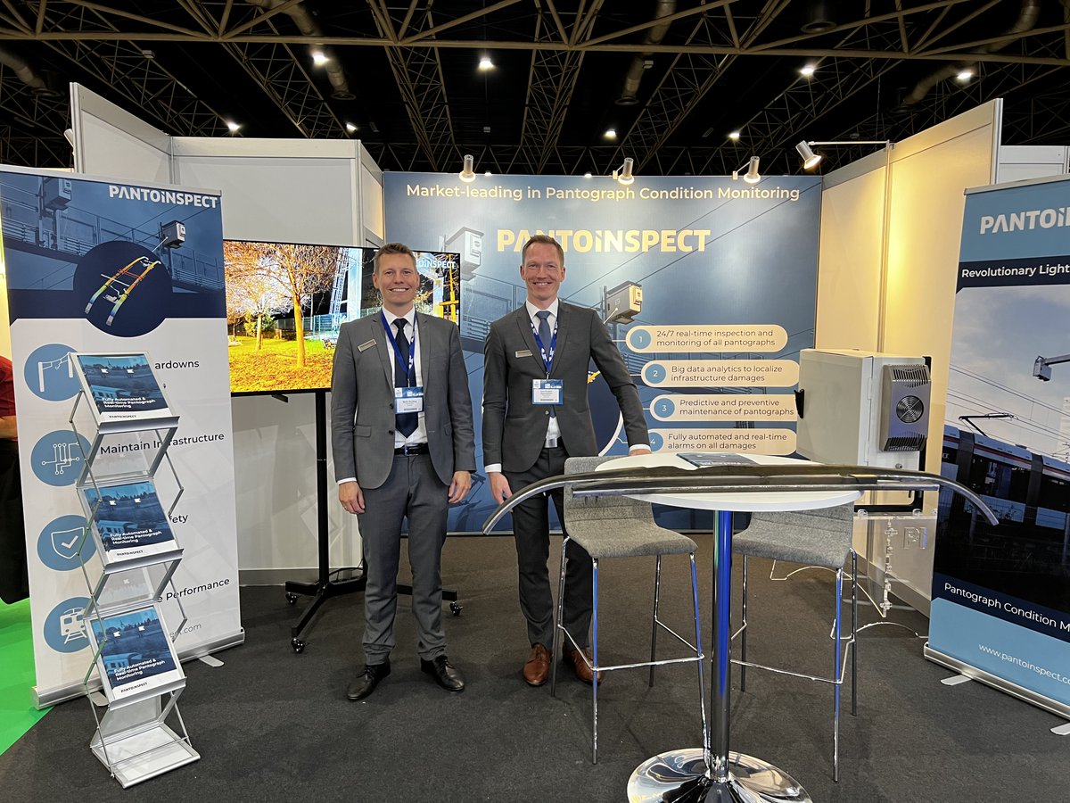 pantoinspect's tweet photo. PantoInspect is delighted to be #exhibiting on Day 1 of RailTech Europe 2022 #RTE2022 in #Utrecht 
 
Visit booth 8.009 and meet our CEO, @BreitingMalte, and Project Manager, Kim Roland Rasmussen, to discover how our PantoSystem #prevents #teardowns of the overhead contact line https://t.co/cWK1tWsbUN