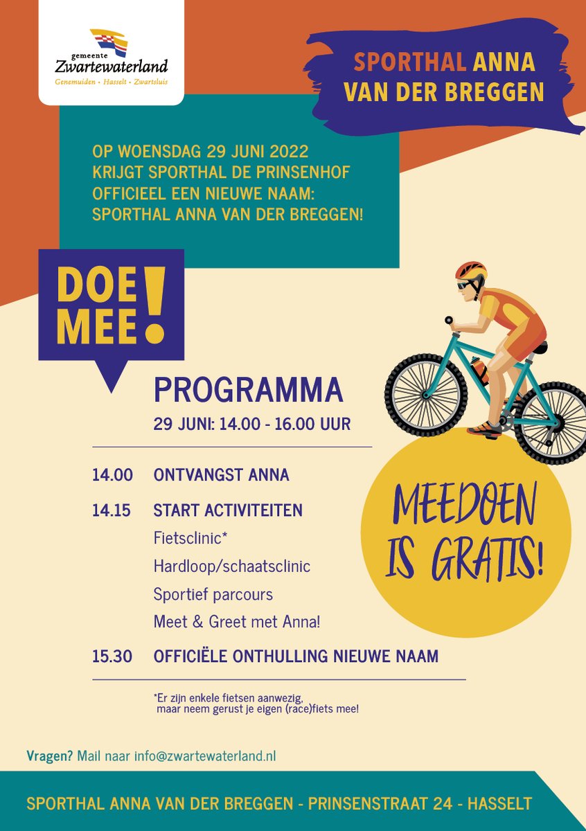 Gemeente_ZWL's tweet photo. Olympisch kampioene Anna van der Breggen onthult op 29 juni samen met burgemeester Bilder officieel de nieuwe naam van de sporthal in Hasselt. Die krijgt de naam Sporthal Anna van der Breggen. Bij de sporthal zijn op deze middag gratis activiteiten voor jong en oud. Kom jij ook? https://t.co/G7odBAvFy9