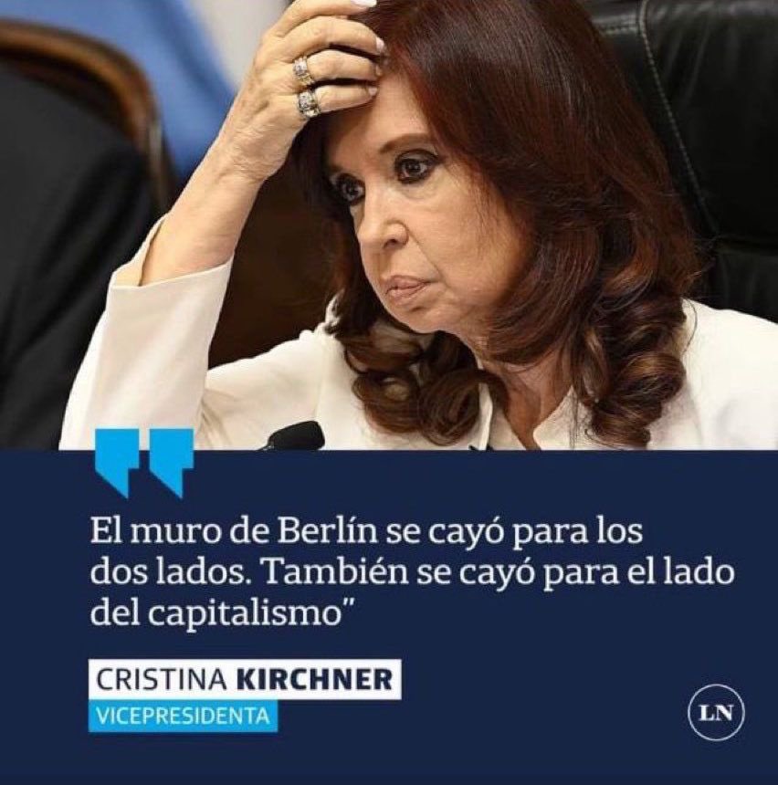 Robergmoritan's tweet photo. El muro cayó del un solo lado: del lado del Estado socialista, la miseria y el estancamiento. La gente se jugaba la vida intentando cruzar al capitalismo que criticás en público y disfrutás en privado, @CFKArgentina. La historia es una sola. https://t.co/SH63hM7LRa