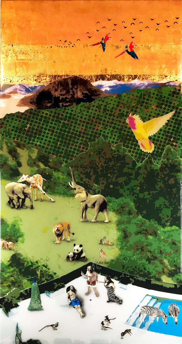 “Bliss”
From “The Canyon of Earthly Delights” triptych
6’ x 3’ x 2.75”
Liquid acrylic, sumi ink, 24K gold leaf, cotton rag mat, newspaper, manga, handmade paper, resin, on deep-cradled wood panel
#art #arte #アート #artist #artoftheday #fineart #kunst #mixedmedia #paradise