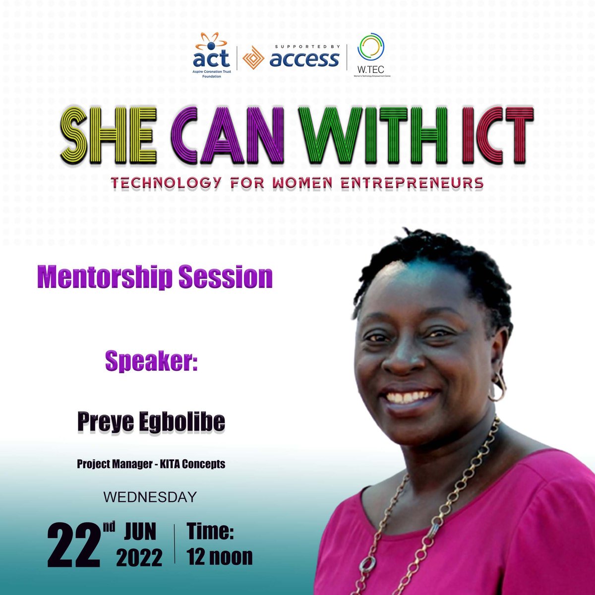 wteconline's tweet photo. We are looking forward to an impactful time with Preye Egbolibe for our mentorship session with participants of #SheCanWithICT2022ng at the IWS Centre, Lekki Lagos.
SHECANWITHICT by W.TEC is done in collaboration with
@ACTFoundation_
...
#SheCanWithICTng #SheCanWithICT https://t.co/6Bw1E05DcK