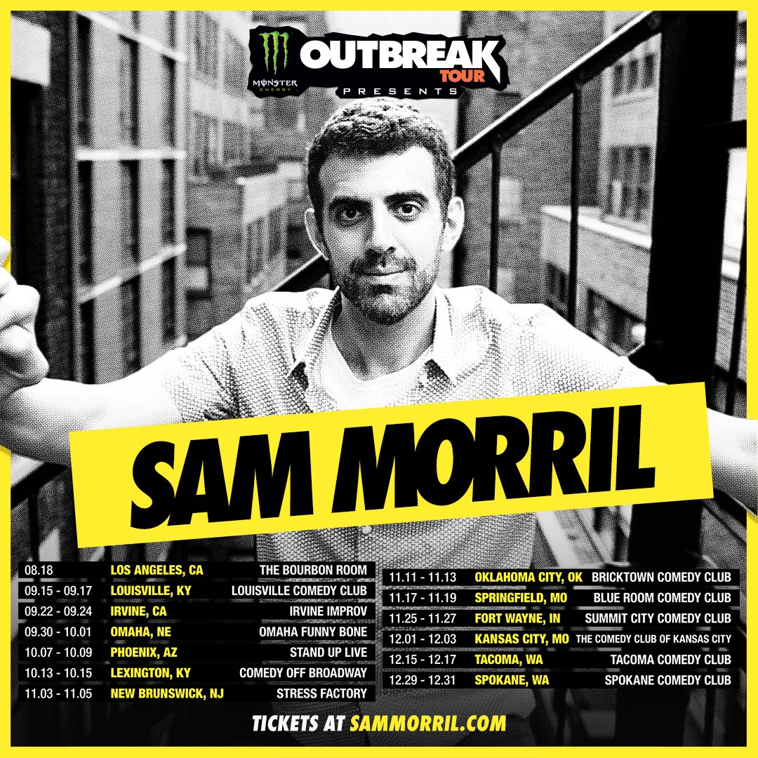 OutbreakPresnts's tweet photo. Over the M🌝🌚N to announce Emmy nominee & Comedy Central regular @sammorril will hit the road on the @MonsterEnergy #OutbreakTour!
All shows are ON SALE NOW at https://t.co/oqj7O8dnHE!!🎫🎫
#sammorril #comedy #laugh #comedian #jokesfordays #funny #standupcomedy #monsterenergy https://t.co/TWOARqSC0E