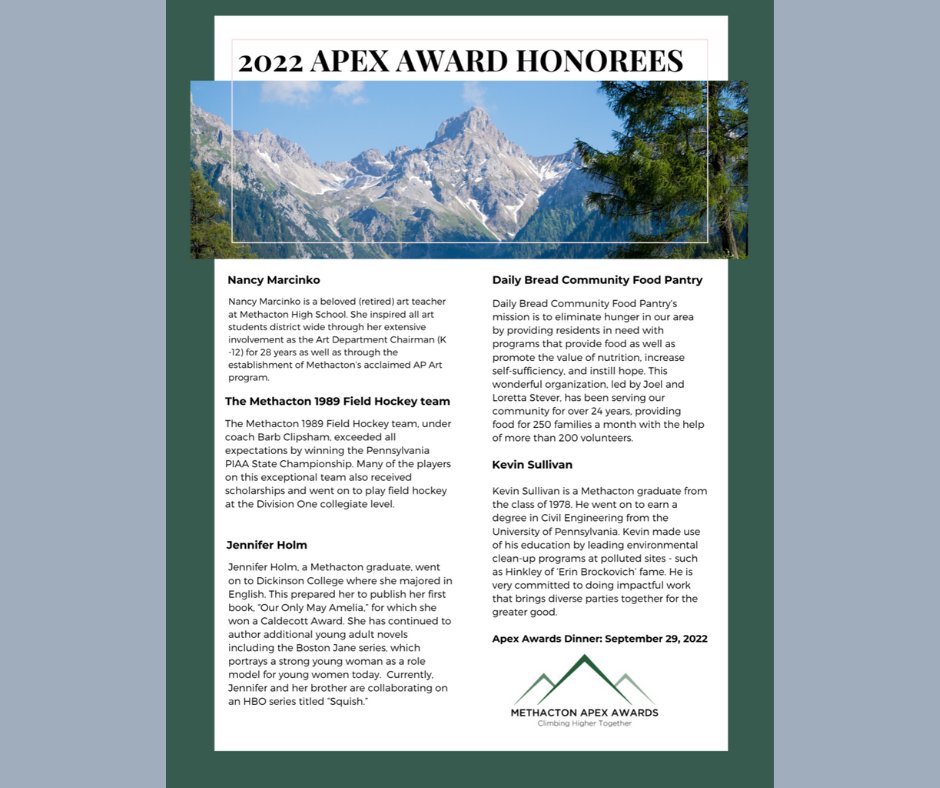 Congratulations to the #MethactonEducationFoundation 2022 Apex Award Honorees! Mark your calendars to join us on Thursday, September 29th to celebrate their achievements and to support innovative &amp; creative programming in #Methacton School District. 

#ClimbHigher #MSDPride