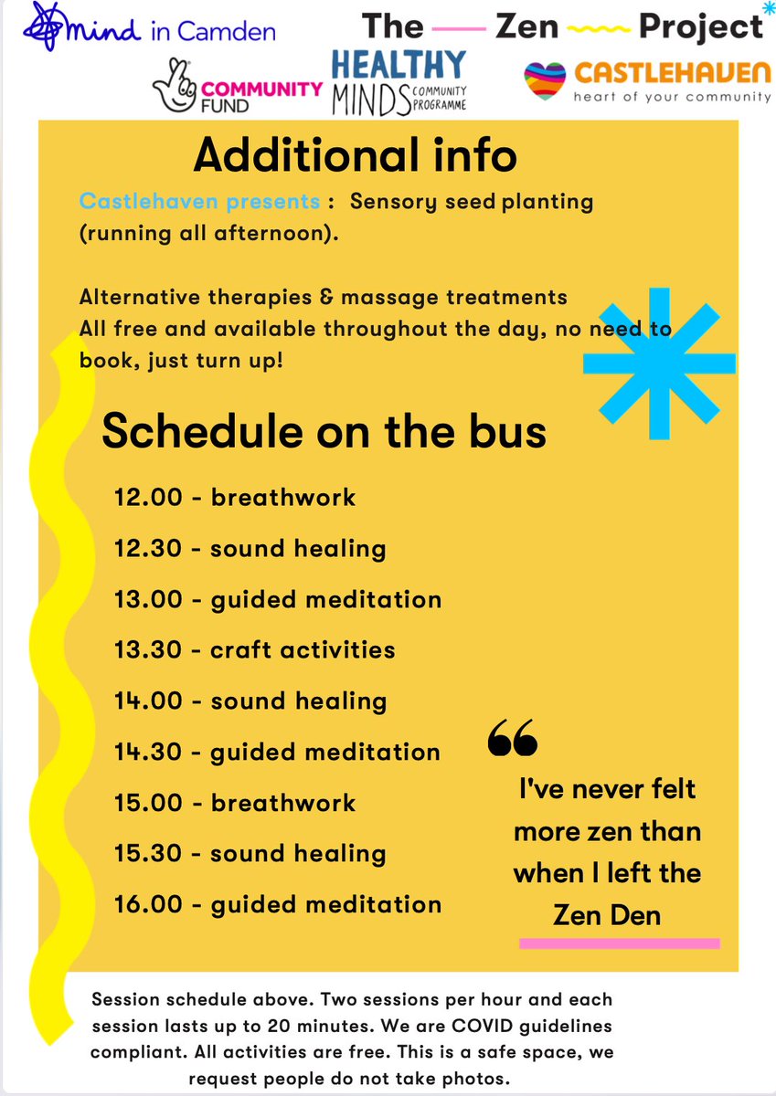 Castlehaven Community Association (@cca_camden) on Twitter photo Feeling frazzled, stressed & in need of relaxation? 🙀
Camden <a href="/MindinCamden/">Mind in Camden</a> & <a href="/TheZenCommunity/">The Zen Project</a> will be outside our community centre this Thursday from 12 - 5:30pm. Relax, unwind & enjoy free zen sessions & free lunch on the <a href="/TheZenCommunity/">The Zen Project</a> bus🚍⬇️ Feeling frazzled, stressed & in need of relaxation? 🙀
Camden <a href="/MindinCamden/">Mind in Camden</a> & <a href="/TheZenCommunity/">The Zen Project</a> will be outside our community centre this Thursday from 12 - 5:30pm. Relax, unwind & enjoy free zen sessions & free lunch on the <a href="/TheZenCommunity/">The Zen Project</a> bus🚍⬇️