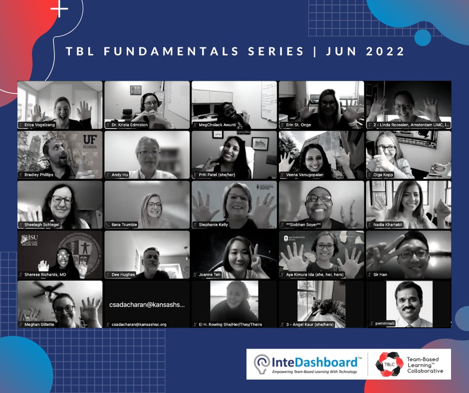 InteDashboard's tweet photo. #TBLFS Congratulations to our eighth cohort of TBL Fundamentals Series for completing their #fundamentals of #teambasedlearning #training! @TBLearning

#education #edchat #onlinelearning #blendedlearning #flipclass #tbl #facdev #flippedclassroom #meded #highereducation #highered https://t.co/ZeZQ0qAtJg
