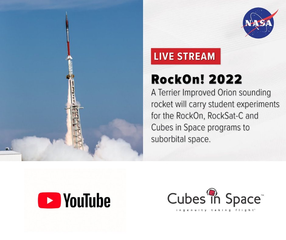 Cubes In Space (@cubesinspace) on Twitter photo On Thursday, 23 June 2022 starting at 0510 -4 GMT EDT (that's 5:10 AM ;) live streaming of the <a href="/COSpaceGrant/">CO Space Grant</a> and @NASA_Wallops RockOn!/RockSat-C mission will begin. You can view the live stream on the NASA's Wallops Flight Facility YouTube channel or the Cubes in Space homepage On Thursday, 23 June 2022 starting at 0510 -4 GMT EDT (that's 5:10 AM ;) live streaming of the <a href="/COSpaceGrant/">CO Space Grant</a> and @NASA_Wallops RockOn!/RockSat-C mission will begin. You can view the live stream on the NASA's Wallops Flight Facility YouTube channel or the Cubes in Space homepage