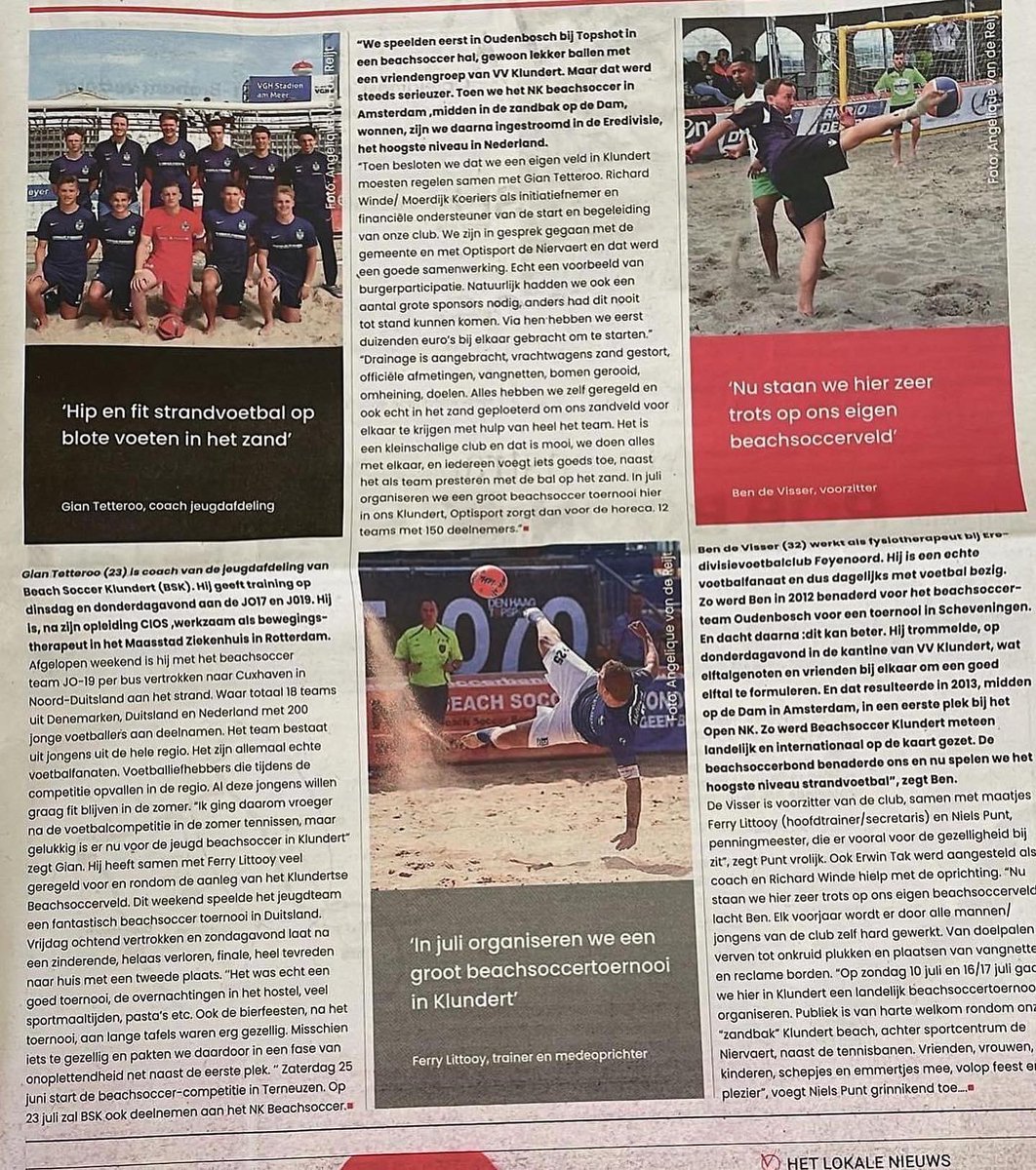 Mooi artikel in de plaatselijke krant over de actieve Beach Soccer club Beachsoccer Klundert 👌🏼

Dit jaar wordt er een Eredivisie speelronde gespeeld bij BS Klundert en ook de finales van de Eredivisie worden daar afgewerkt 🔥

#beachsoccer #eredivisie #2022