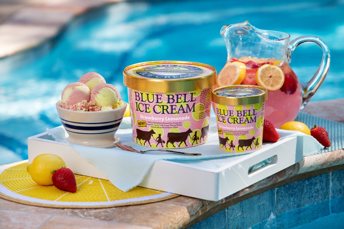 ILoveBlueBell's tweet photo. Need a refreshing treat to beat the summer heat? Try our NEW Strawberry Lemonade Ice Cream! The flavor is a delicious strawberry ice cream swirled with a refreshing lemonade sherbet sprinkled with lemon flavored flakes. Available in half gallon and pint sizes for a limited time. https://t.co/jHm4bRhCaj