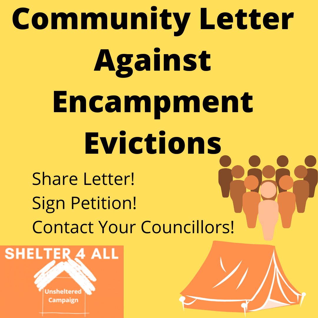 We are adding our voice to this community letter against encampment evictions! Thank you for organizing this <a href="/UnshelteredC/">unsheltered.campaign</a> ! There are four calls to action:
1. Stop any and all actions to evict encampments.
2. Permit encampments.