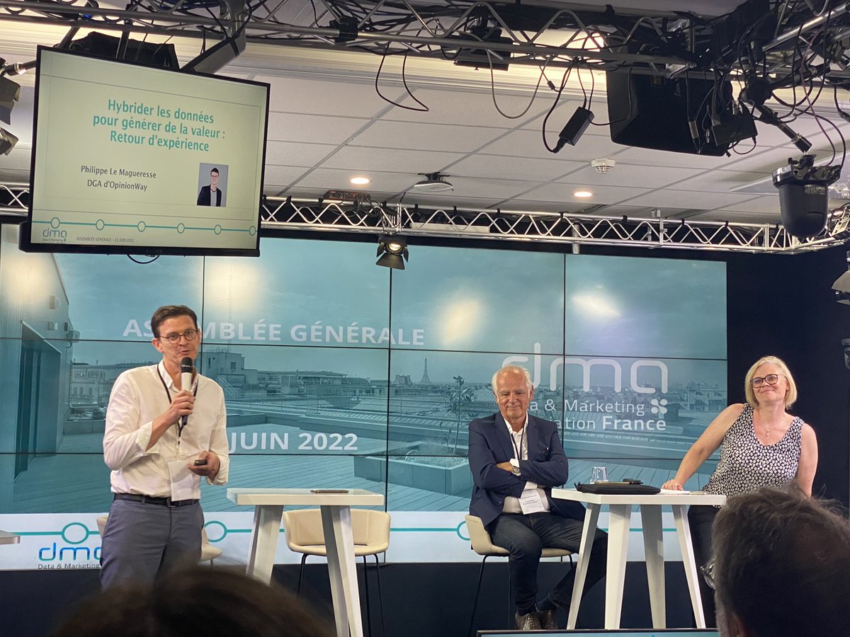 C’est parti ! Merci de l’invitation de notre partenaire <a href="/dma_france/">DMA France</a> à son AG <a href="/pignonsurmail/">Bruno Florence</a> ! On retrouve on stage <a href="/plemagueresse/">Philippe Le Magueresse</a> <a href="/opinionway/">OpinionWay</a> pour #Hybridation #Data ! Nos #alumnis ont du talent @MBADMB