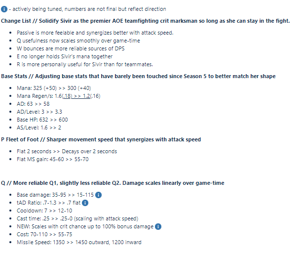 RiotRayYonggi's tweet photo. Sivir Rework is incoming to PBE this week so posting the full list and goals here. NOTE: Numbers are not final but do reflect direction. Posting a video of new W behavior in replies. https://t.co/iGxrIh0igf