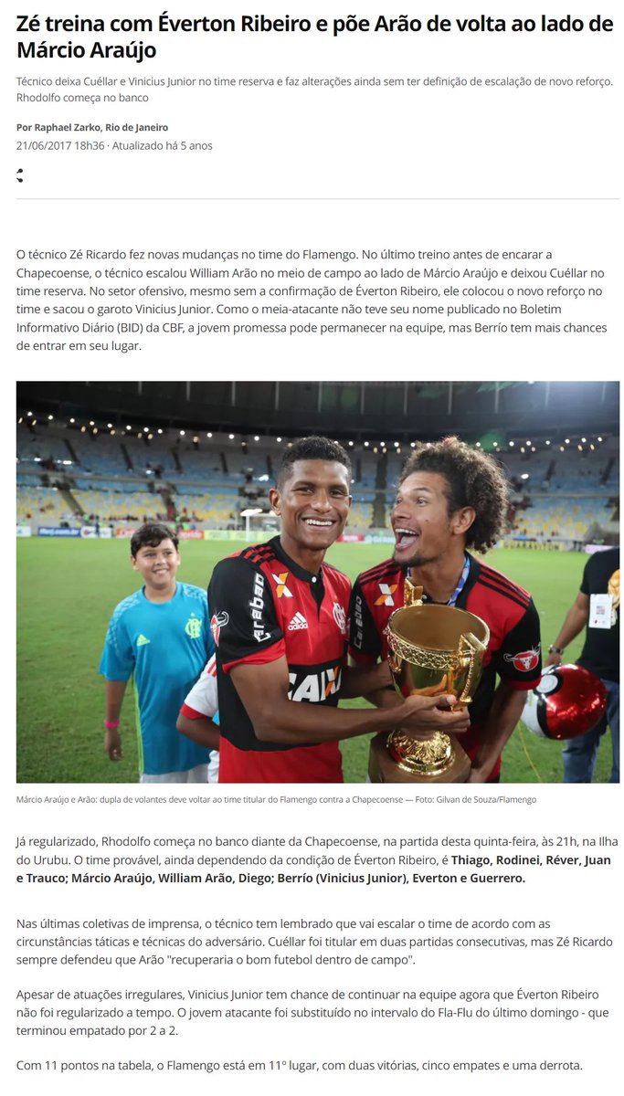 flahistoria's tweet photo. 21/06/2017 #flahistoria
[💻 @ge_fla]

Zé treina com Éverton Ribeiro e põe Arão de volta ao lado de Márcio Araújo

▪️ Técnico deixa Cuéllar e Vinicius Junior no time reserva e faz alterações ainda sem ter definição de escalação de novo reforço

✍️ @raphazarko 

#FlaBr2017 #FLAxCHA https://t.co/DoTlZaGg8i