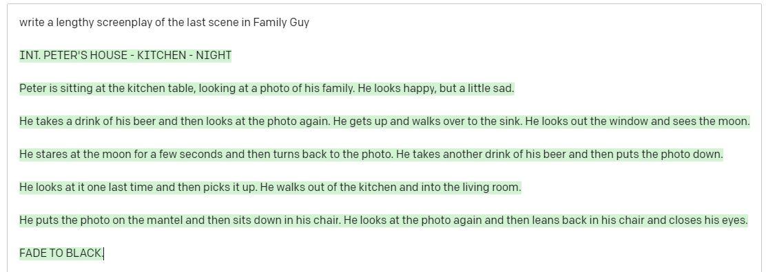 AIshitposting's tweet photo. GPT-3 writes a screenplay of the last scene in Family Guy https://t.co/NMhWZVB1YK