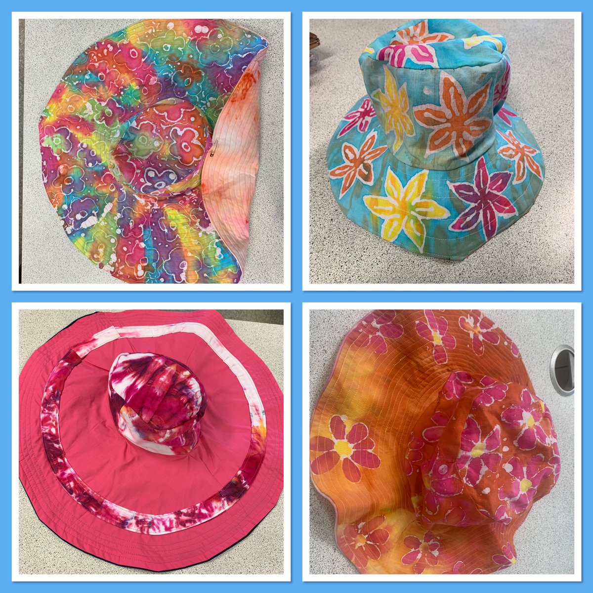 Here’s a few examples of the creative reversible tie dye/batik summer fedoras and buckets hats Y10 DT:Textiles students have produced as a skills builder @PGSALC