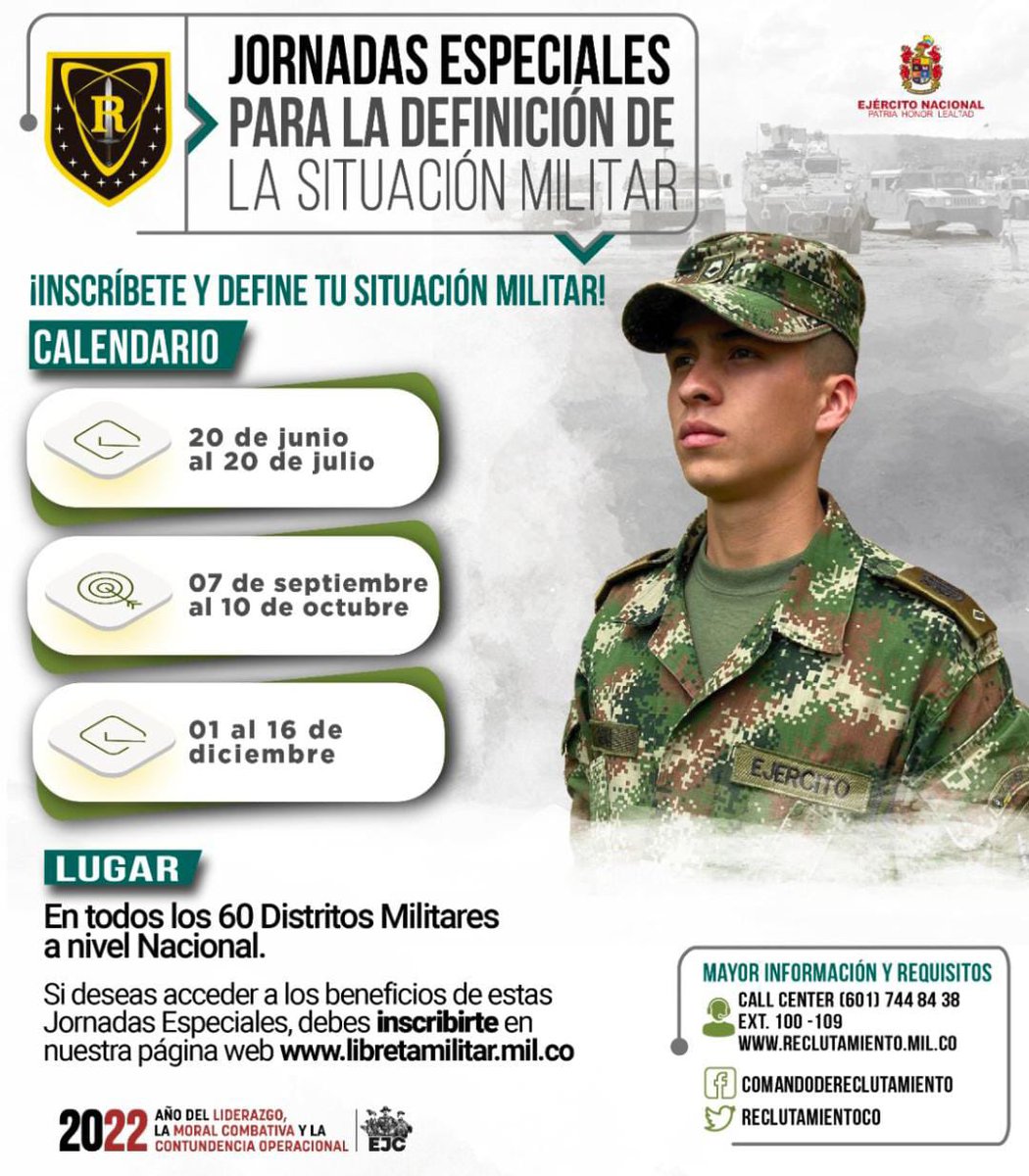 📌 Benefíciate de las jornadas especiales de definición de la situación militar.

#EjércitoTransparente
<a href="/RECLUTAMIENTOCO/">Comando de Reclutamiento y Control Reservas</a>