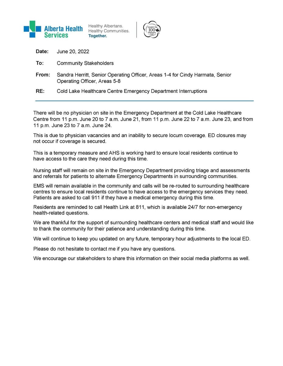 fadeyiw's tweet photo. Another disruption in the ER from lack of Doctors. This can not continue to happen. Healthcare should not be at a different tier because you live in a rural community. AHS needs reform. UCP &amp; NDP Gov have failed #abpoli #coldlake #ahs #doctors #Emergency #lackofcare #divide https://t.co/GPmLPMXsmA