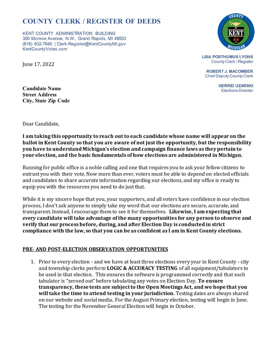 KentCountyClerk's tweet photo. My office sent this letter to every candidate on the #KentCountyVotes primary ballot so they're aware of the opportunity/responsibility to understand Michigan’s election & campaign finance laws, as well as the basic fundamentals of how elections are administered in #Michigan. https://t.co/Xp7aniGFbb
