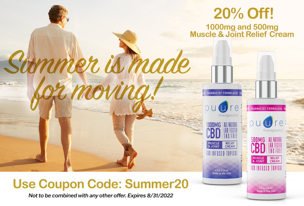 Summer is here and the warm weather is made for moving! Make sure you are feeling like your old self and get ready for outdoor adventures. Take 20% all Puure Muscle and Joint Relief lotions with promo code: SUMMER20 #cbdhealth shop.puuretherapeutics.com