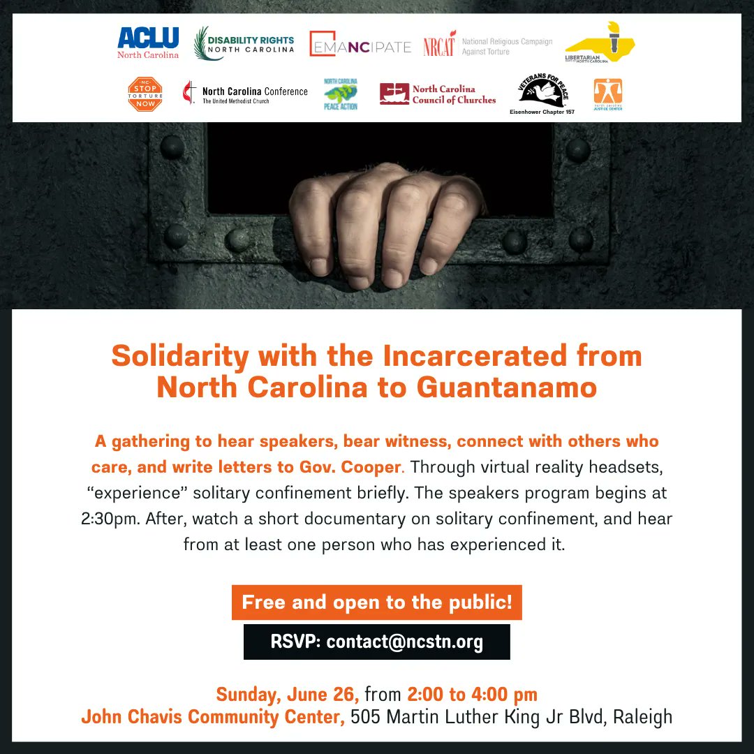 decarceratenow1's tweet photo. Come out and join these amazing organizations in Raleigh on June 26th from 2 - 4 PM to write letters to Gov. Cooper, and engage with victims of solitary confinement through a documentary screening and a speakers panel beginning at 2:30 PM.

To RSVP, email contact@ncstn.org https://t.co/FU5tM7v1Vf