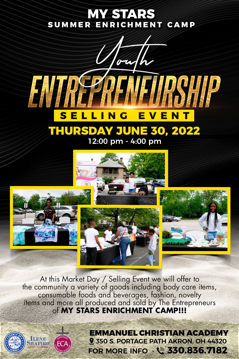 Market Day!!! 

My-Stars Enrichment Camp is a Middle School Youth Summer Camp geared towards helping the youth with Real World Life Skills!

My-Stars Entrepreneurial students will have their own Vendors table set up on Thursday, June 30, 2022. These young entrepreneur's and read