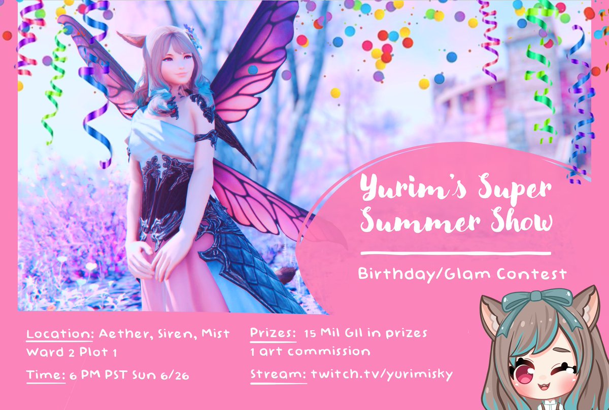 YurimiSky's tweet photo. Announcing the Super Summer #Fashion Show. Details below.
Follow/like/retweet for a chance to win additional gil/art commissions (on any NA DC) See you there!
#fashionshow #rpevent #FFXIVRP #Contest #FF14 #summer #FinalFantasy14 #EorzeaPhotos #aetherdatacenter #Giveaway #FFXIV https://t.co/vNwffFmhll