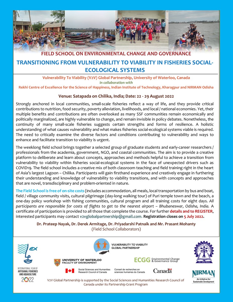 Join us at the upcoming V2V - Chilika Field School 🐟 on "Transitioning From #Vulnerability to #Viability in Fisheries Social-Ecological Systems"🌊

👉 To register, send an email to: v2vglobalpartnership@gmail.com
🔴 Registration deadline: 5-Jul-2022

#SSF #fieldwork #fieldschool