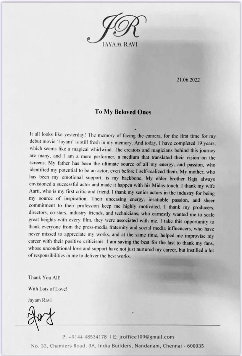 CineChitChat's tweet photo. Heart felt note of @actor_jayamravi 

#19yearsofJayamRavi #JayamRavi 

Supercool, he thanked each and everyone https://t.co/dKFCGKv9jA