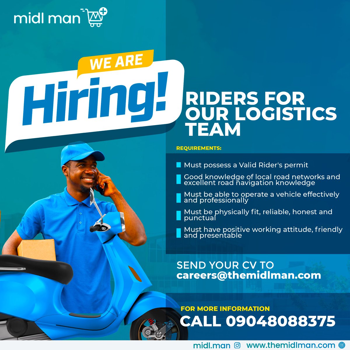 themidlman's tweet photo. We are looking to grow our logistics network with experienced riders! Interested professionals should send their CVs to careers@themidlman.com

#startup #Enugutwitter #TechisHiring #HealthTech https://t.co/hLXVRQLHyt