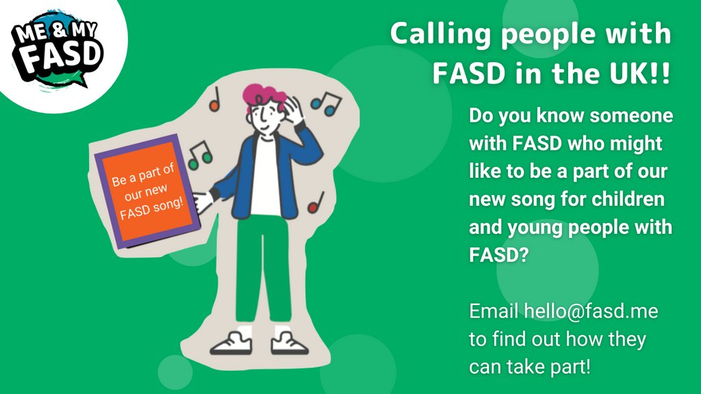 Calling people with FASD in the UK!! 📢

Do you know someone with FASD who might like to be a part of our new song for children and young people with FASD?

Email us at hello@fasd.me to find out how they can take part.

#NationalFASD #FASD