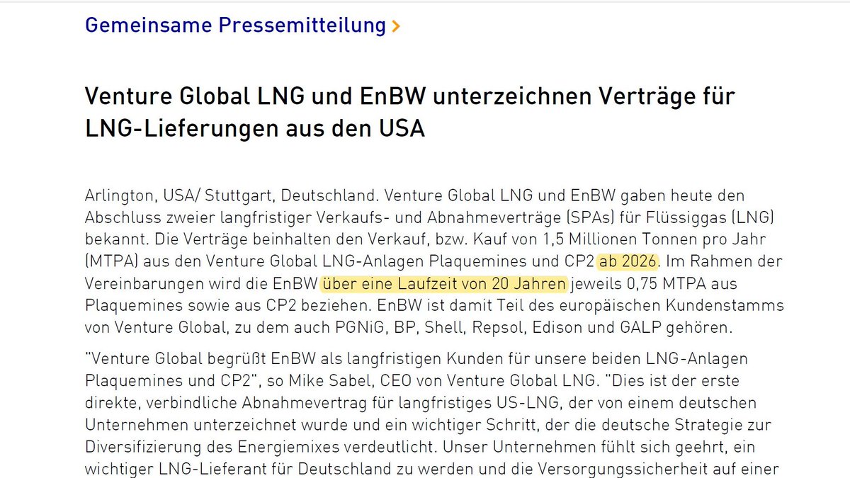 Da gibt es keinen Zweifel mehr: <a href="/EnBW/">EnBW</a> schließt langfristige Abnahmeverträge für #LNG aus den #USA. Start 2026, Laufzeit 20 Jahre. Das überschreitet schon offensichtlich das Zieljahr für Klimaneutralität 2045. Erinnert sich noch jemand an die #Klimakrise?