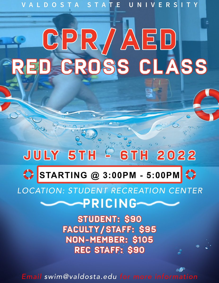 Are you interested in becoming AED/CPR certified? We are hosting a Red Cross class at the SRC July 5th and 6th from 3-5pm. Email swim@valdosta.edu to register! 🏊‍♀️🏊‍♂️