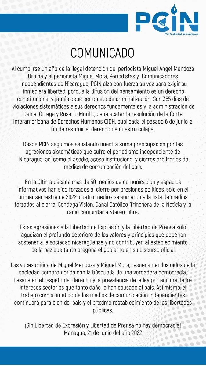 PeriodistasNica's tweet photo. Denunciamos las agresiones sistemáticas que sufre la prensa independiente de Nicaragua, así como el asedio, acoso institucional y cierres arbitrarios de medios de comunicación.
#PorLaLibertadDeExpresion #alertapermanente #PCIN #LibertadparaMiguelMendoza #LibertadparaMiguelMora https://t.co/e57R8uAckJ