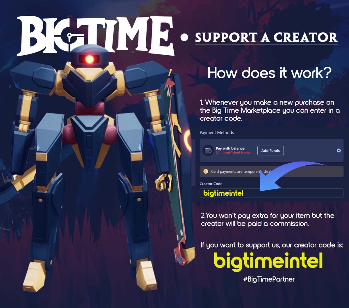 bigtimeintel's tweet image. I&apos;m excited to announce I have a creator code in @playbigtime. My creator code is *bigtimeintel*. You can use it every time you make a purchase on the marketplace and I get a small commission. #bigtimepartner