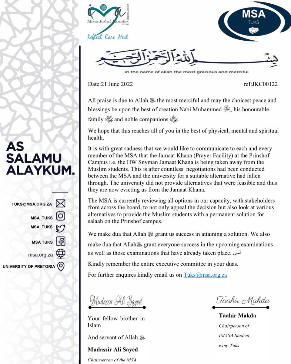 MSA_Tuks's tweet photo. It is with great sadness that we would like to communicate that the Jamaat Khana (Prayer Facility) at the Prinshof Campus i.e. the HW Snyman Jamaat Khana is being taken away from the Muslim students. 

Please refer to the post below for further information. https://t.co/jcMvsvCV2s