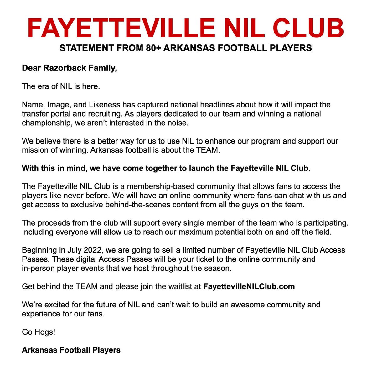 A message to the best fans in the country. #WPS

<a href="/FayettevilleNIL/">Fayetteville NIL Club 🐗</a>