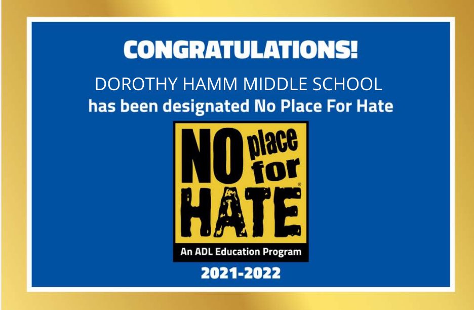 Dorothy Hamm ganhou oficialmente a designação No Place for Hate para o ano letivo de 2021-2022! Parabéns! Essa iniciativa nos permitiu facilitar conversas com nossos alunos sobre representação, identidade e formas de celebrar e destacar nossas diferenças. https://t.co/bOKQum0Bbt