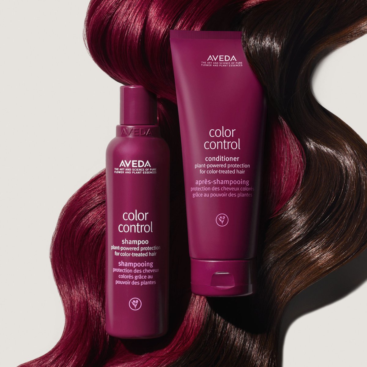 NEW COLOR CONTROL IS HERE🌈 Faded hair color? PASS 🙅‍♀️ Aveda's NEW 100% vegan Color Control Shampoo & Conditioner uses dual-charged molecules🧪 to create an invisible shield that protects color-treated strands and prevents color washout for up to 8 weeks*. 🎨✨ #Aveda #EccoSalon